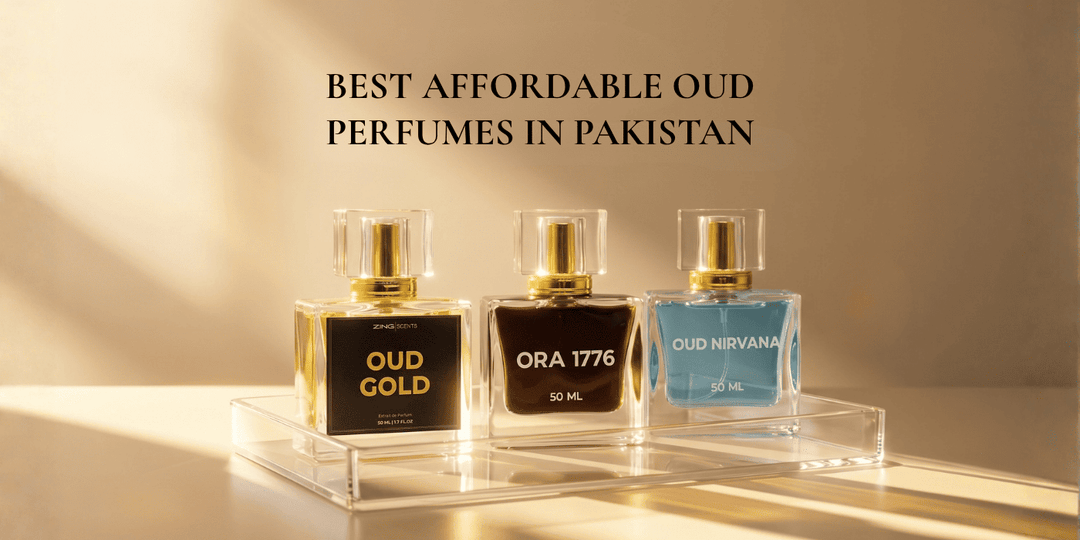 Three Zing oud perfumes displayed on a glass stand with the text "Best Affordable Oud Perfumes in Pakistan".