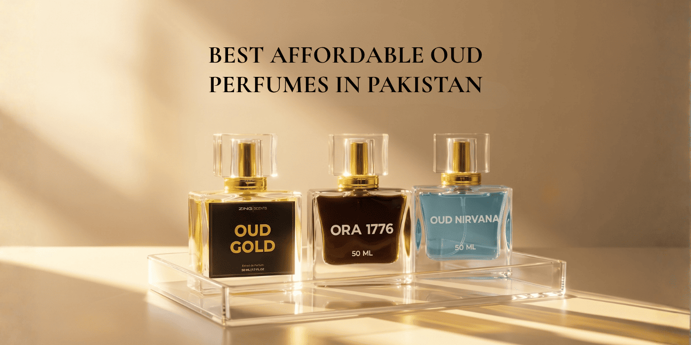 Three Zing oud perfumes displayed on a glass stand with the text "Best Affordable Oud Perfumes in Pakistan".