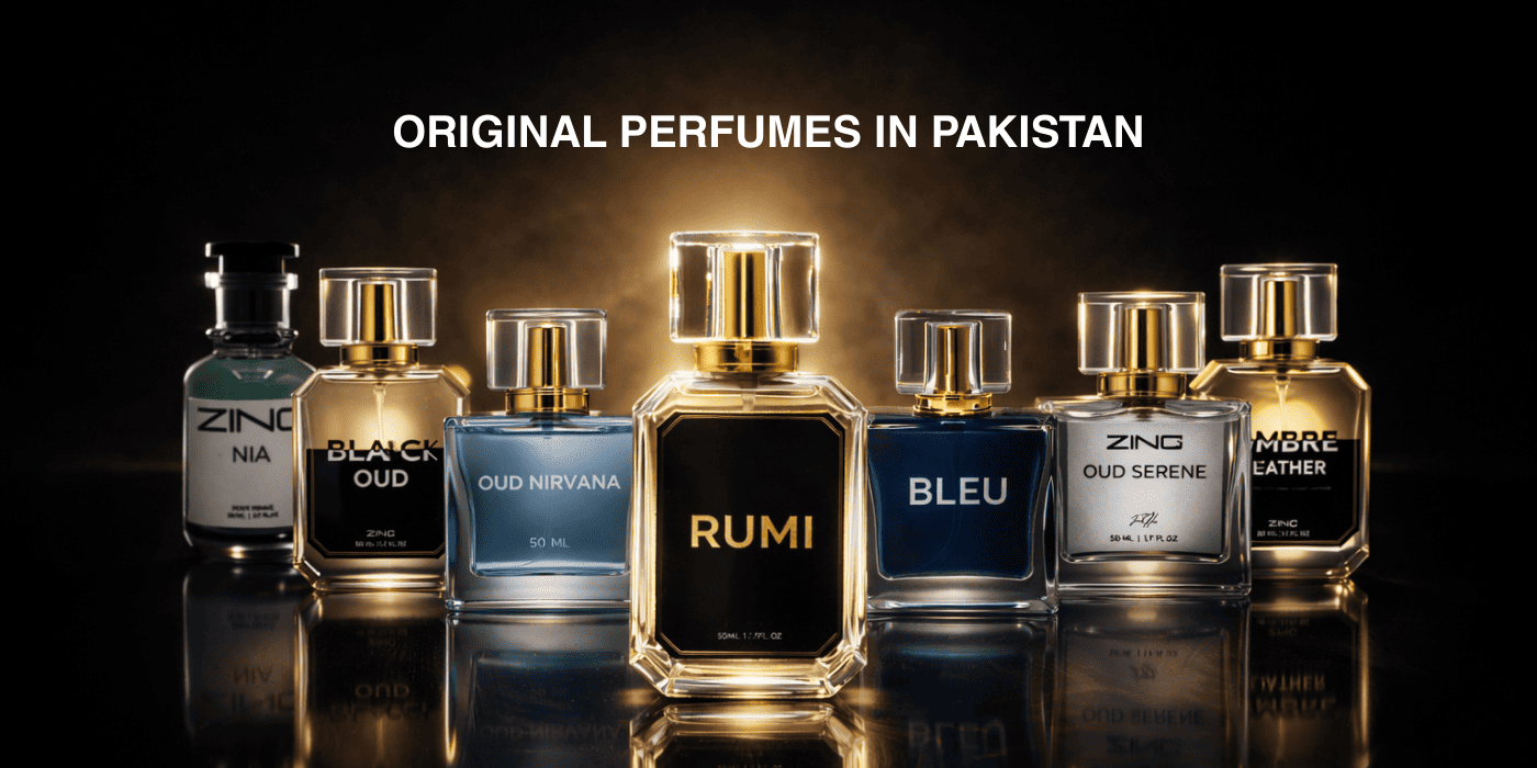 Collection of original Zing perfumes displayed together with a premium black and gold background.