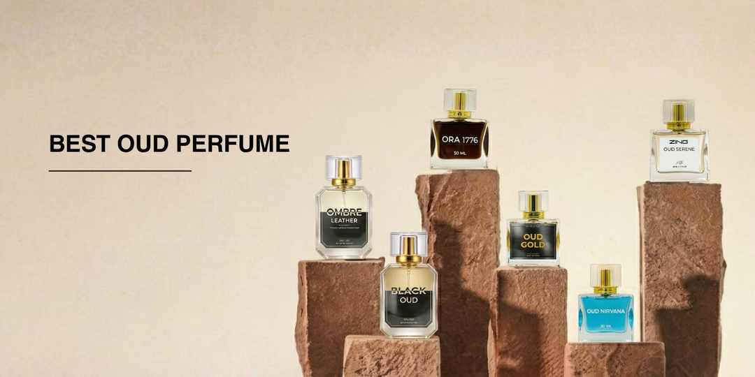 Collection of oud perfumes displayed on stone blocks, featuring some of the best-selling oud fragrances in Pakistan.