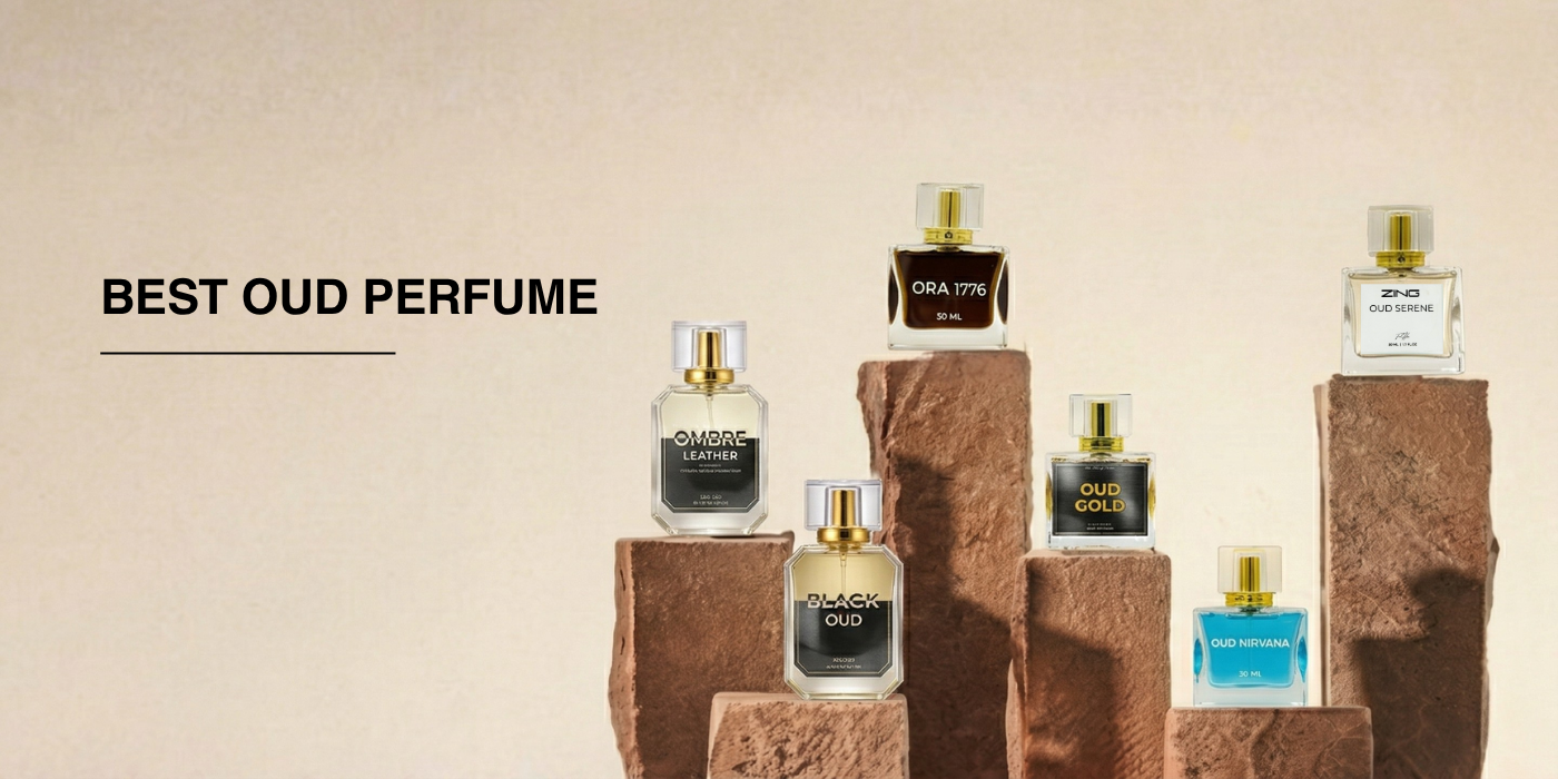Collection of oud perfumes displayed on stone blocks, featuring some of the best-selling oud fragrances in Pakistan.