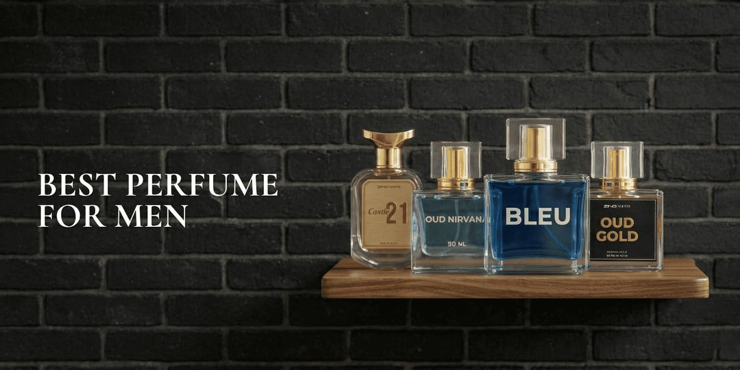 Popular Zing perfumes for men displayed on a wooden shelf with the text "Best Perfume for Men".