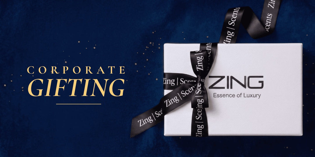 Elegant Zing corporate gift box wrapped with a ribbon, designed for business and corporate gifting.