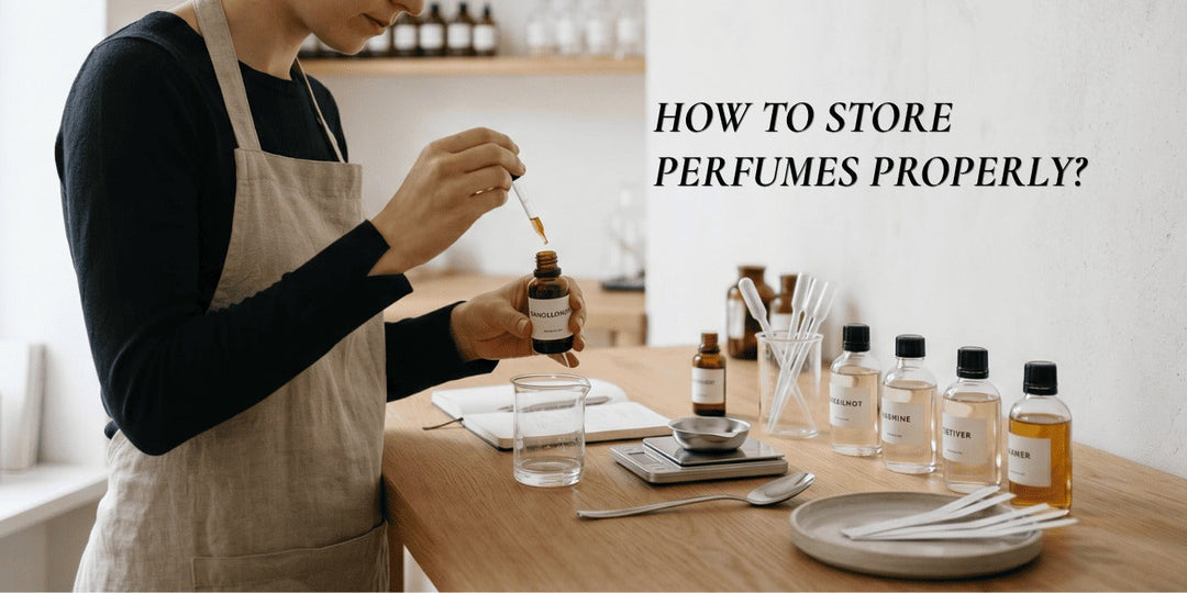 Person organizing and testing perfume bottles on a table while learning proper perfume storage methods.