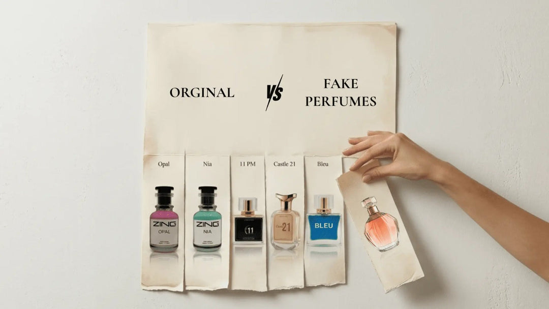 Comparison of original and fake perfumes displayed side by side to help identify genuine fragrances.