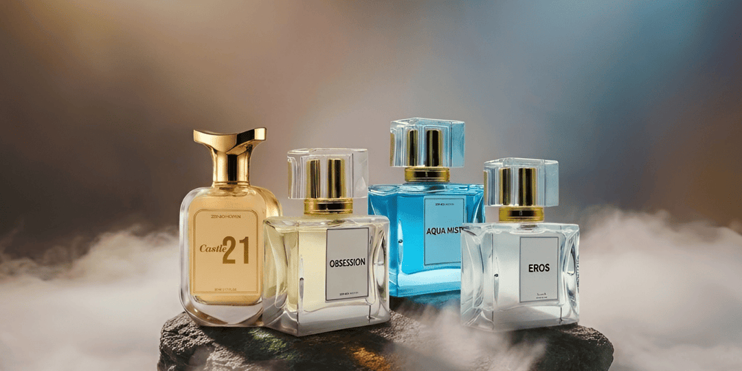 Popular Zing perfumes displayed together with a premium background, showcasing the brand's fragrance collection.