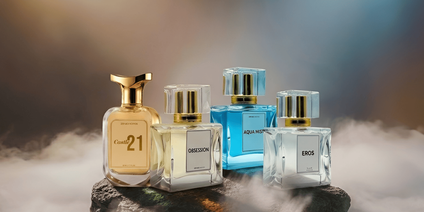 Popular Zing perfumes displayed together with a premium background, showcasing the brand's fragrance collection.
