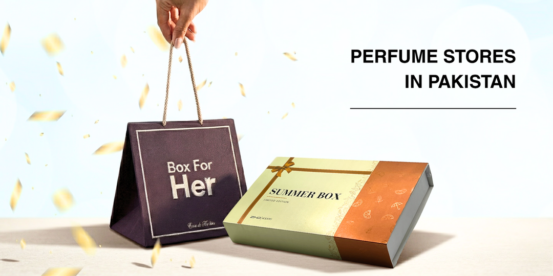 Perfume gift boxes and shopping bags displayed together, showing gift packaging options for perfume buyers.