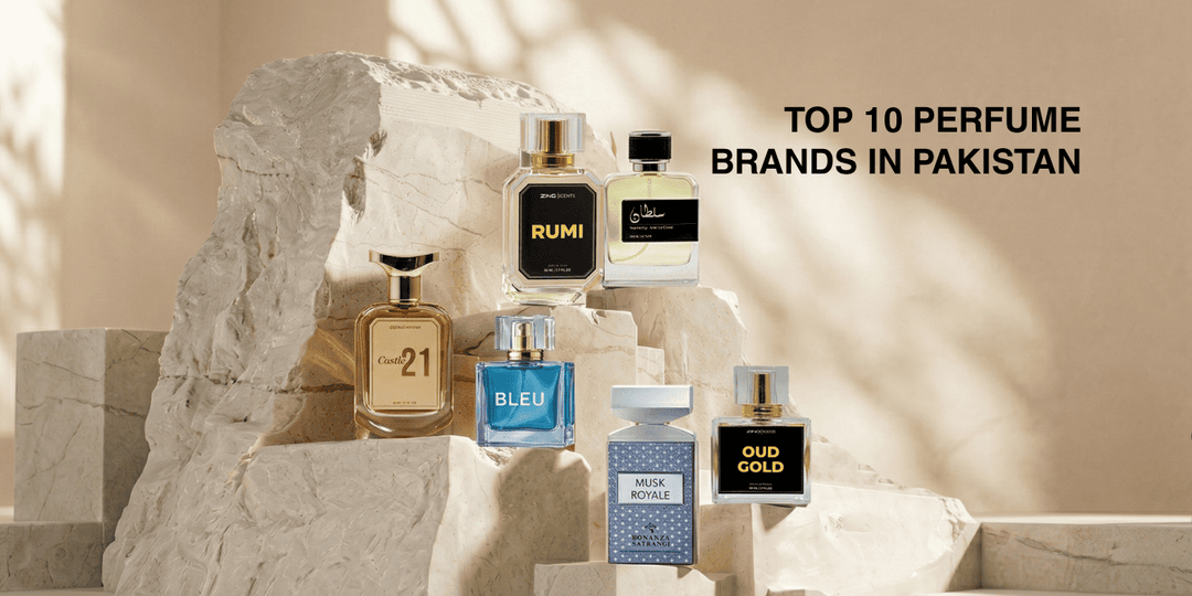 Collection of popular perfume brands displayed on stone stands, featuring some of Pakistan’s favorite fragrances.