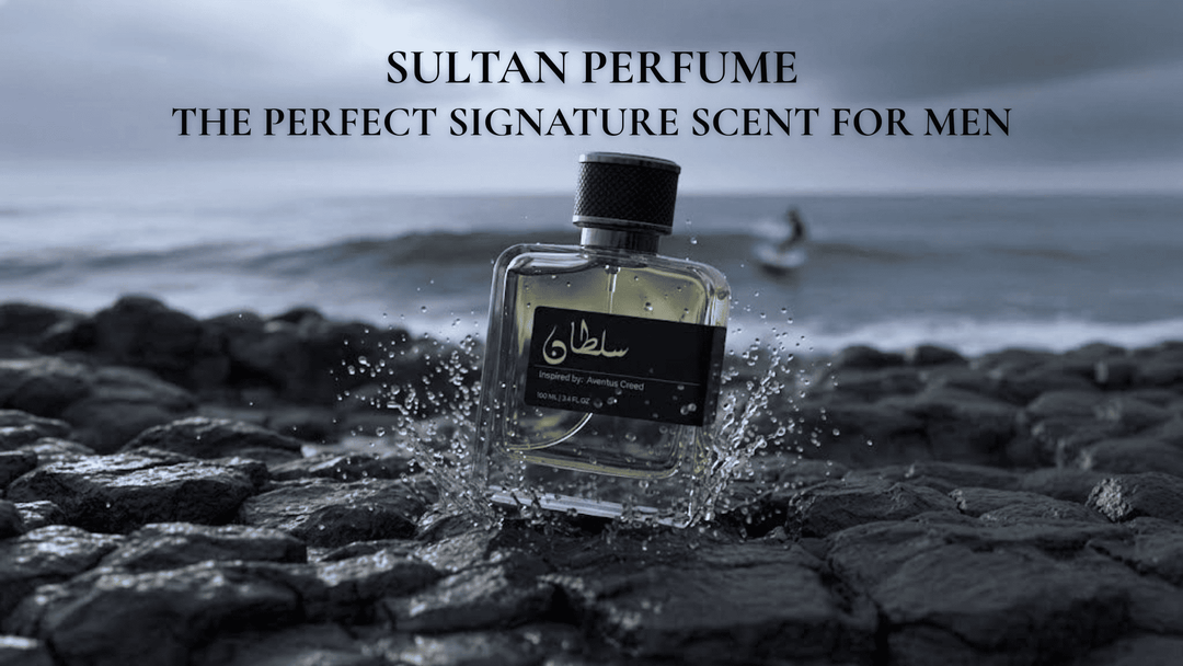 Sultan Perfume bottle on wet rocks by the sea with water splashing around it.