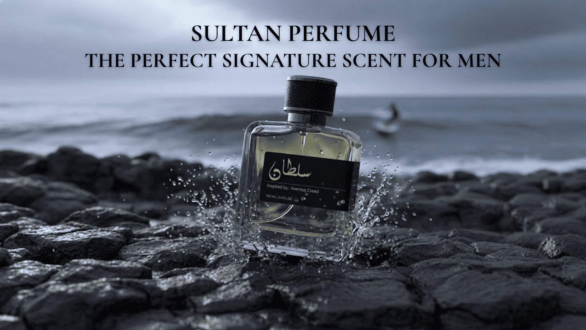 Sultan Perfume bottle on wet rocks by the sea with water splashing around it.