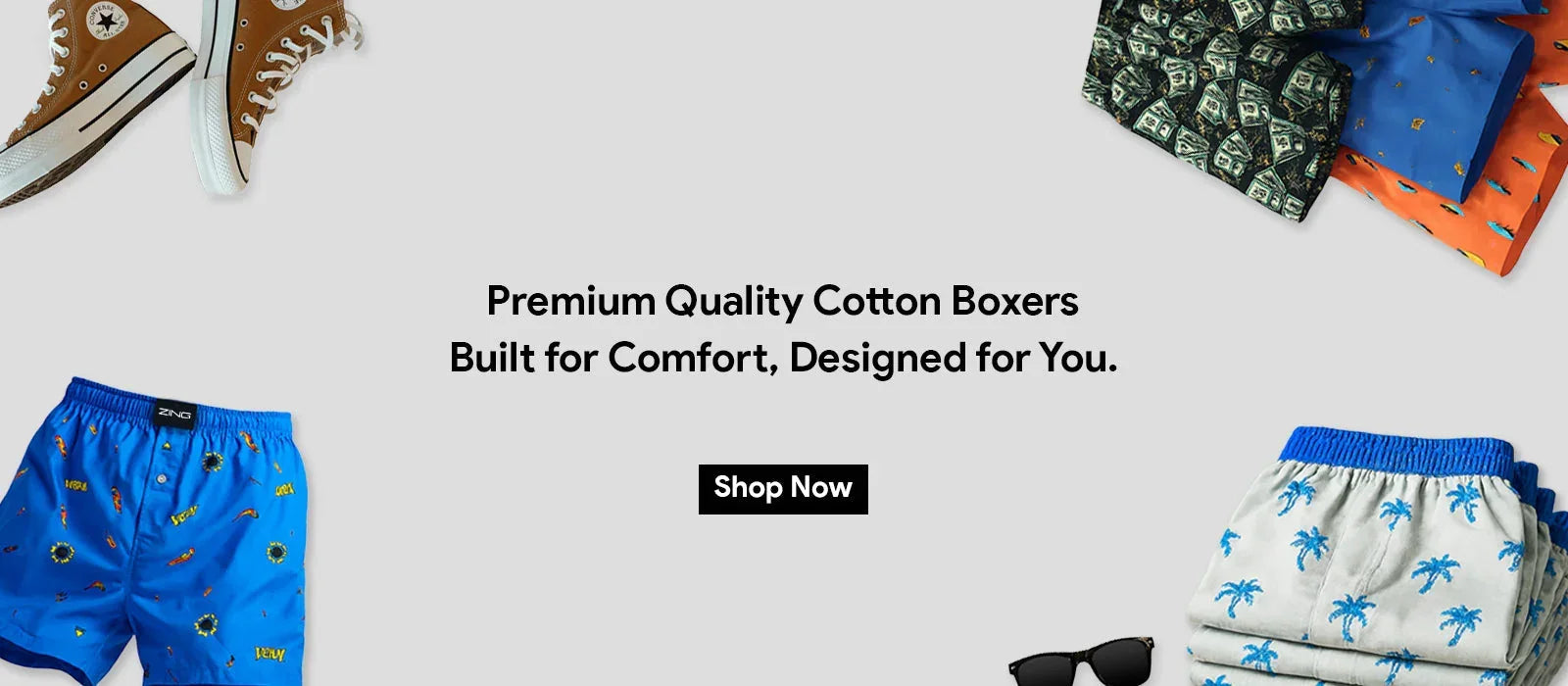 Premium cotton boxers displayed with the text "Built for Comfort, Designed for You".