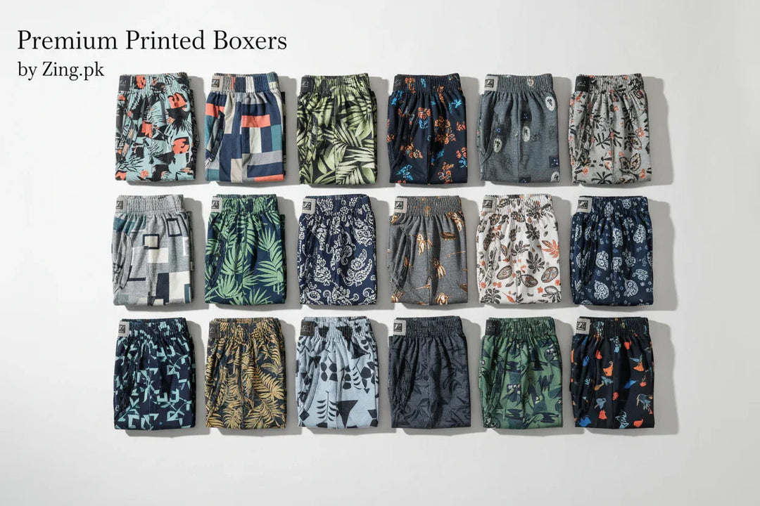 Collection of printed men's boxers arranged in rows, showing different colors and patterns.