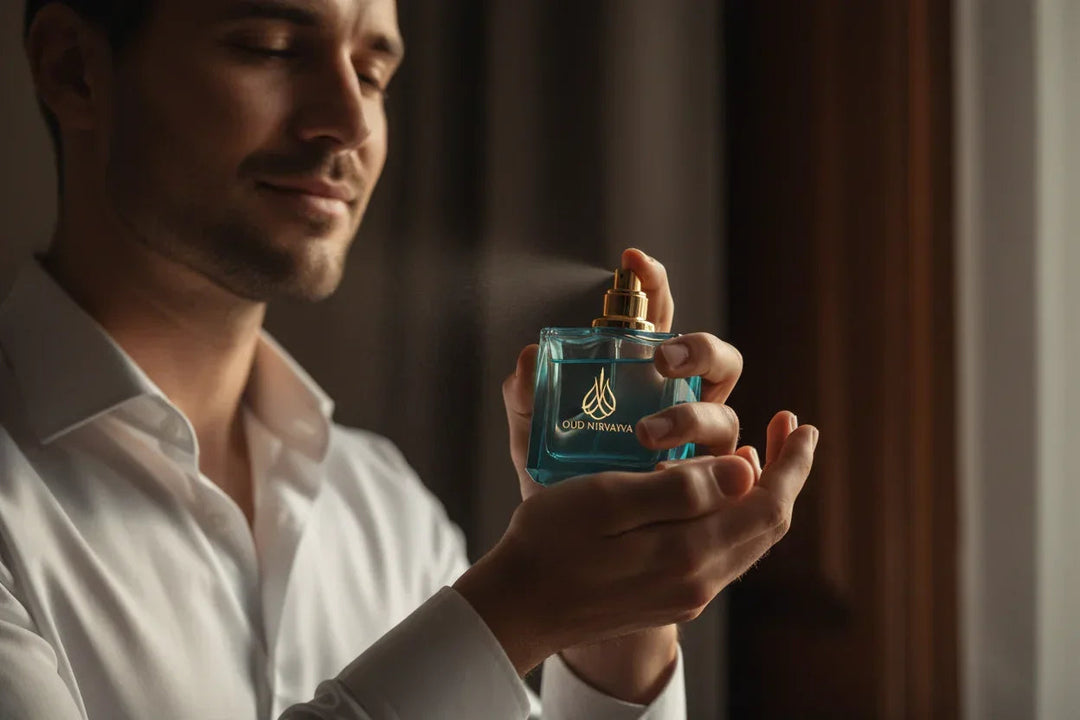 Man holding and smelling a perfume bottle, exploring different oud perfume options and fragrance choices.