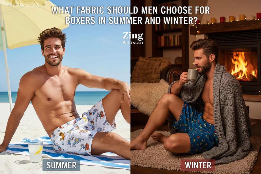 Man wearing printed boxers at the beach and another relaxing indoors, showing boxer styles for different seasons.
