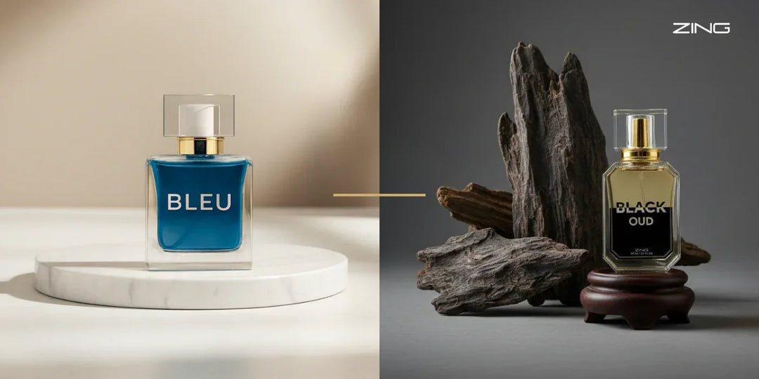 Bleu and Black Oud perfumes displayed side by side, comparing oud and traditional fragrance styles.