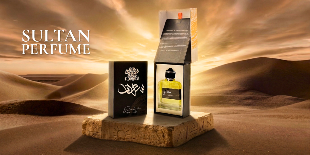 Sultan perfume bottle and packaging displayed in a desert-inspired setting with golden sunlight in the background.