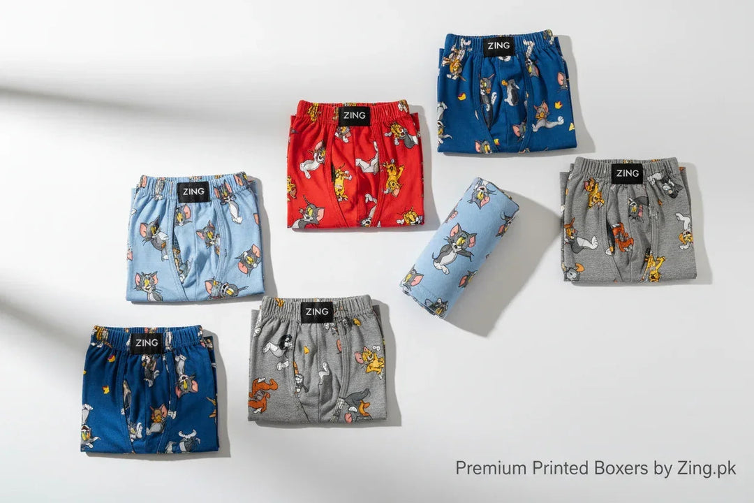 Men's printed boxers displayed on a clean background, highlighting different fits and designs.