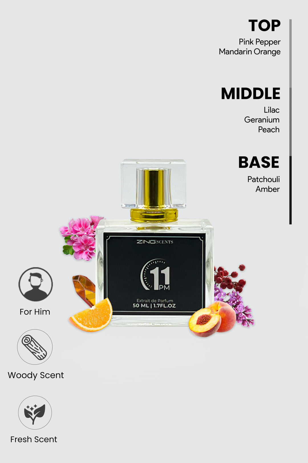  11 pm perfume with perfume notes listed on top right corner and other symbols on bottom left corner