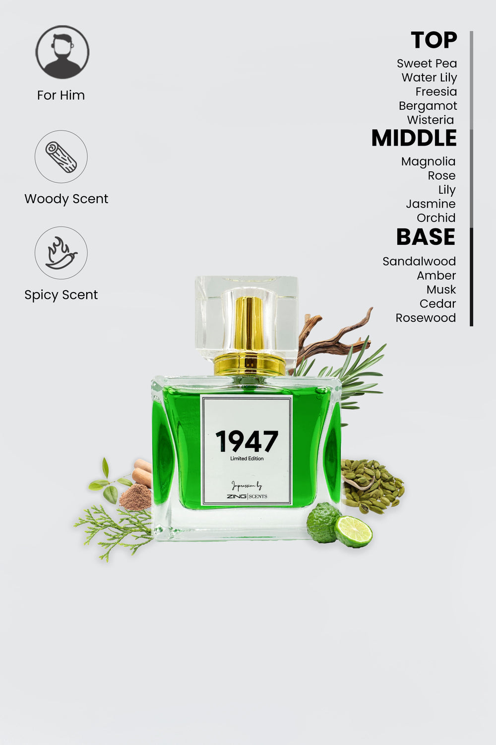 1947 perfume bottle displayed on grey background with fragrance notes listed on top right corner and other scent related information symbols on top left corner.