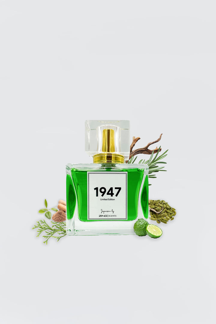 1947 perfume bottle with scent inspired elements such as cardamom, woody elements and more, displayed alongside the bottle