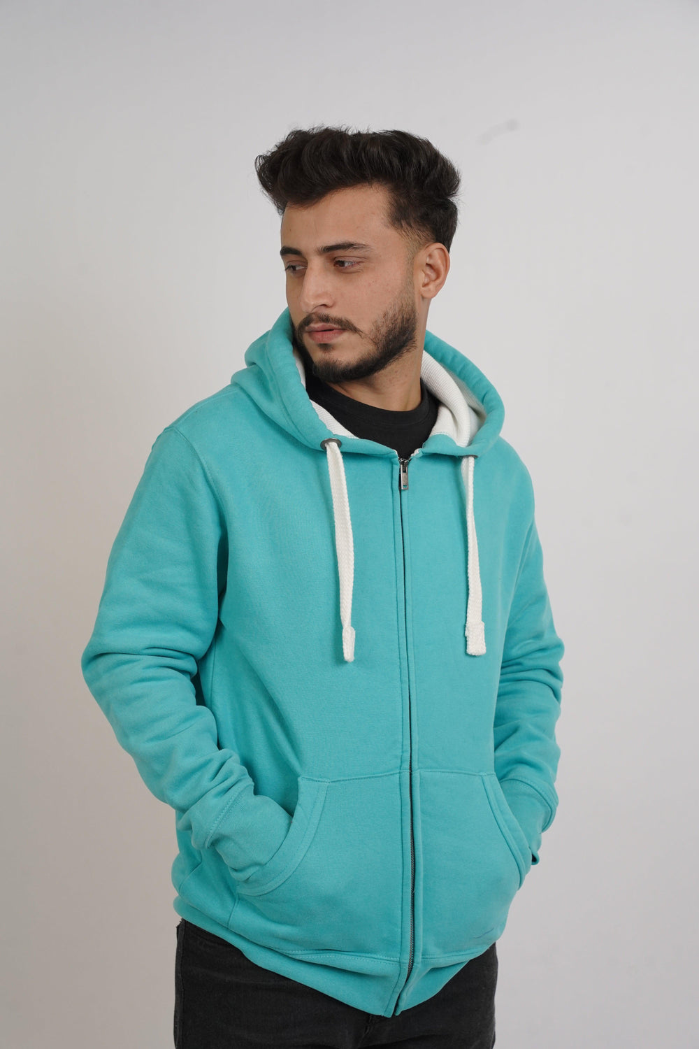 Premium Comfort zip hoodie - Aqua Mist With White rope - Zing Pakistan