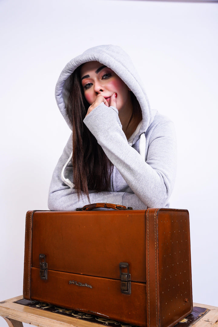 Premium fit Zip Hoodie - Light Grey with White Rope - Zing Pakistan