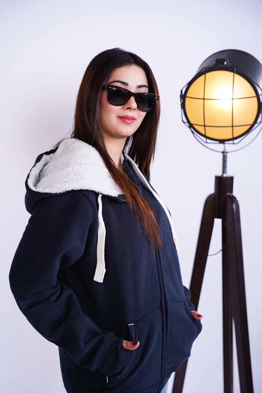 Premium fit zip Hoodie - Navy with White Rope - Zing Pakistan