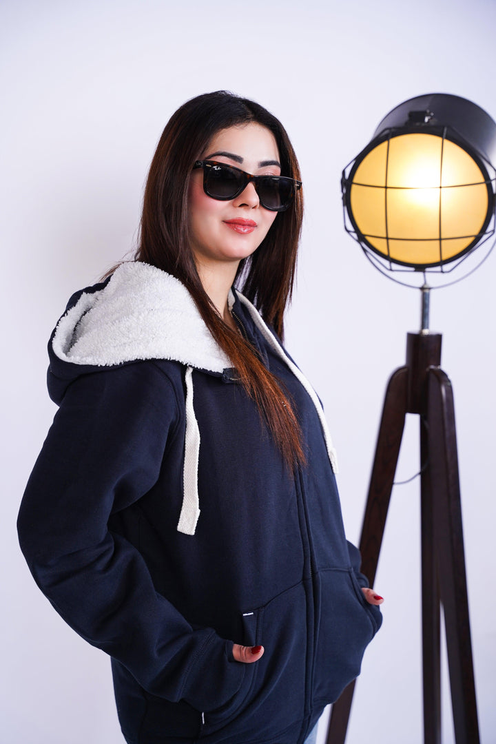 Premium fit zip Hoodie - Navy with White Rope - Zing Pakistan