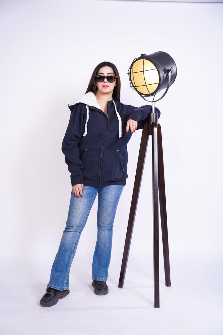 Premium fit zip Hoodie - Navy with White Rope - Zing Pakistan