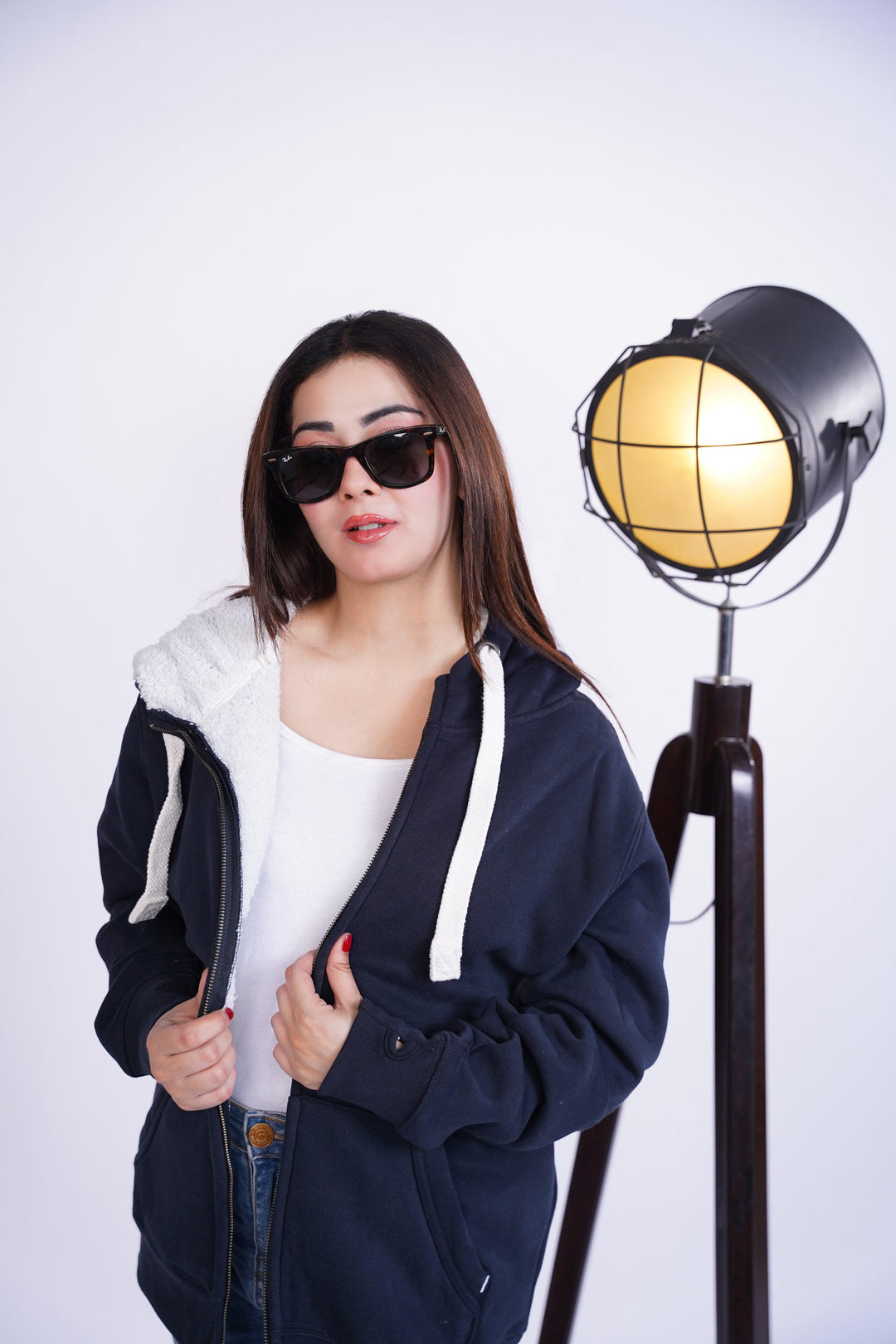 Premium fit zip Hoodie - Navy with White Rope - Zing Pakistan