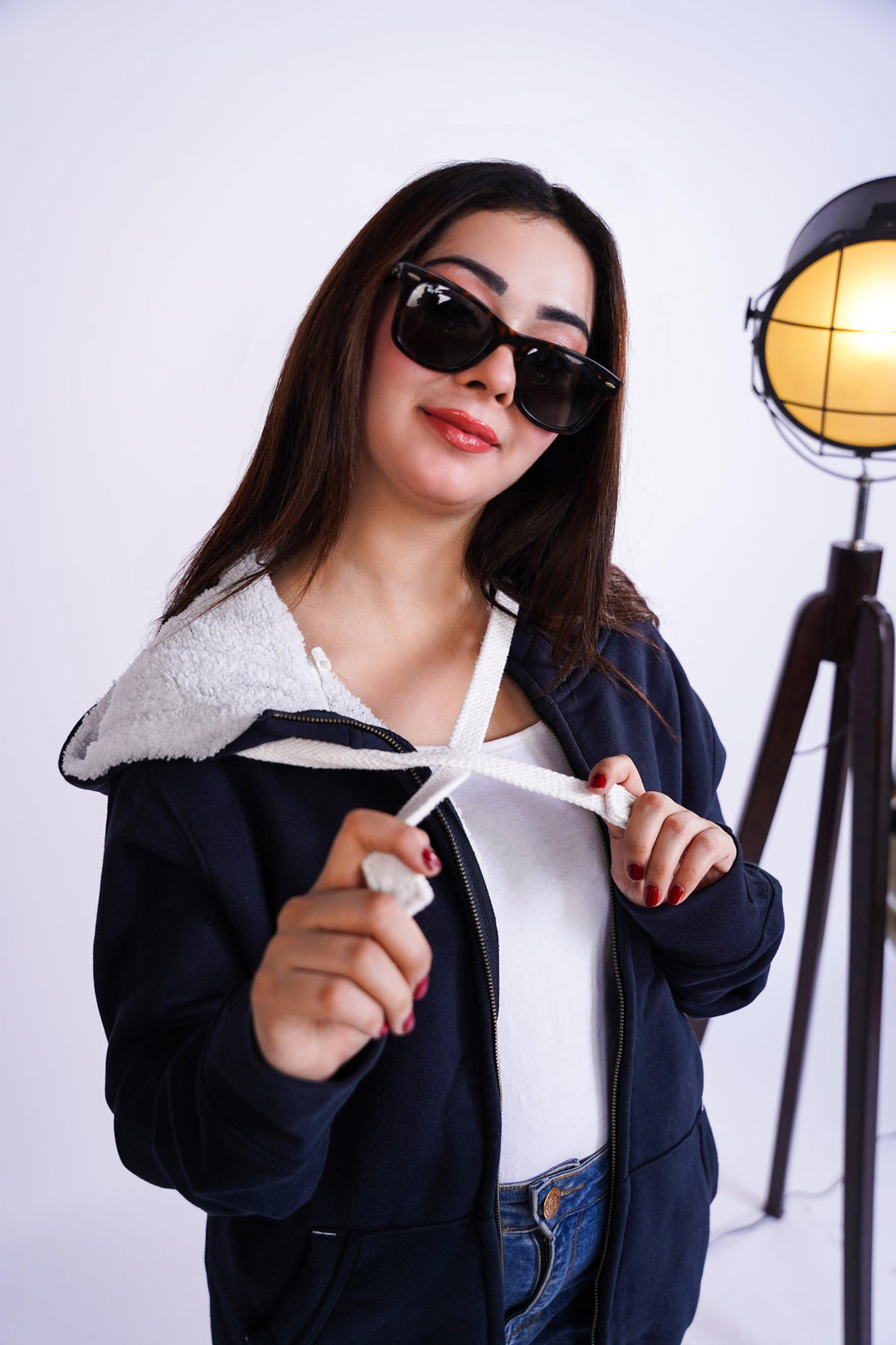 Premium fit zip Hoodie - Navy with White Rope - Zing Pakistan