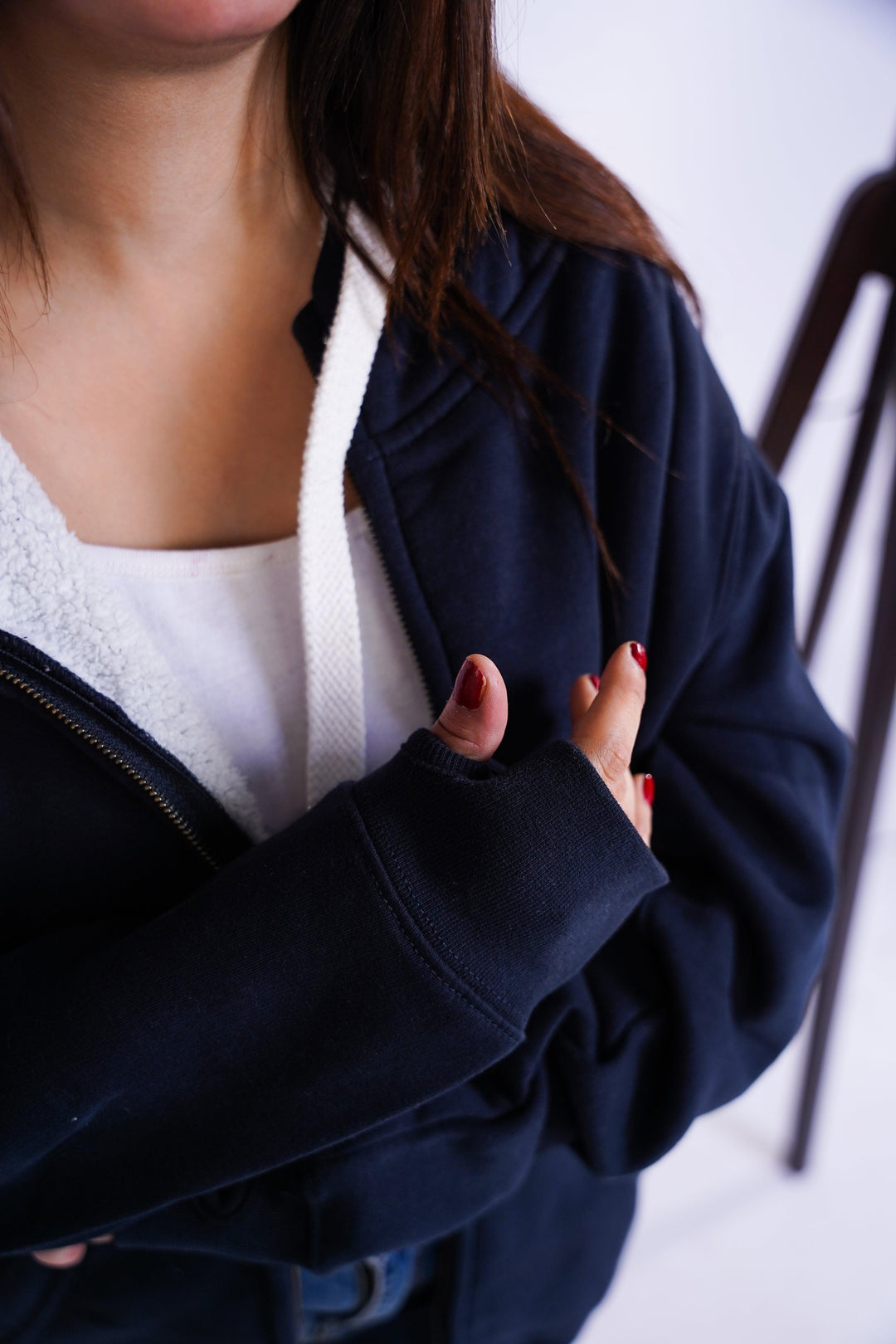 Premium fit zip Hoodie - Navy with White Rope - Zing Pakistan