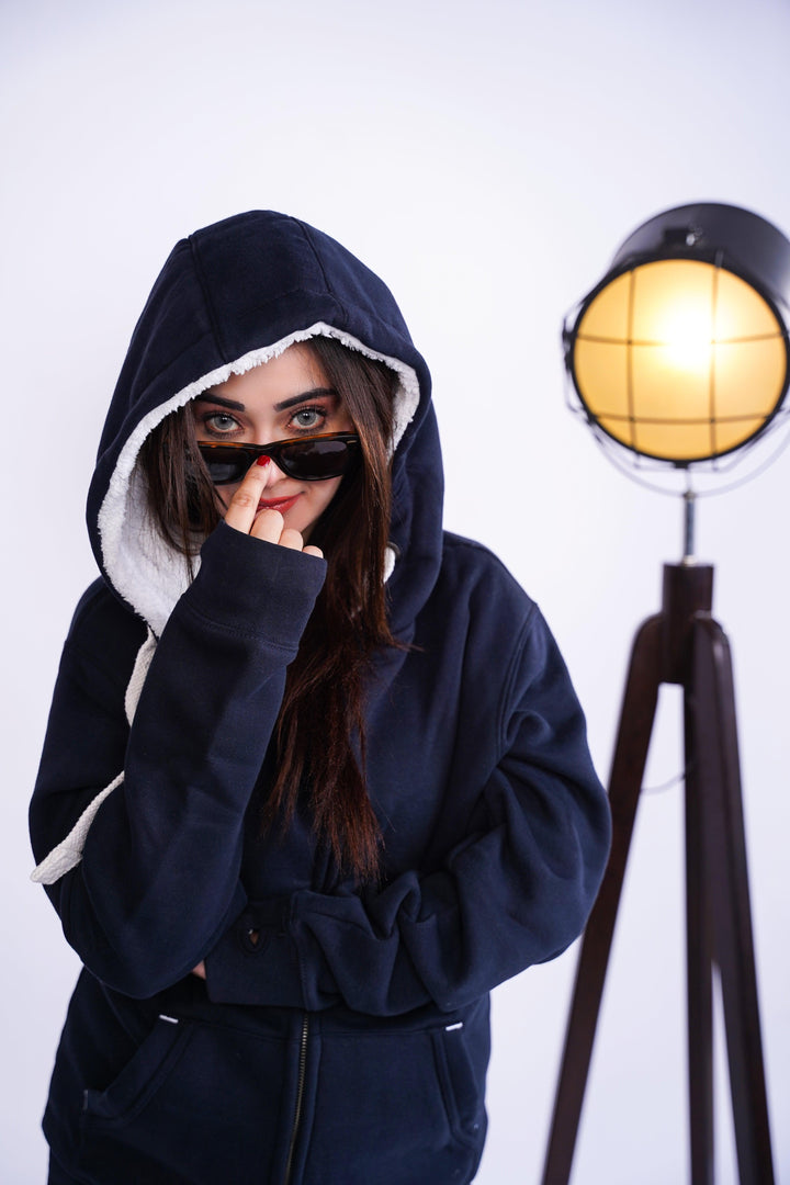 Premium fit zip Hoodie - Navy with White Rope - Zing Pakistan