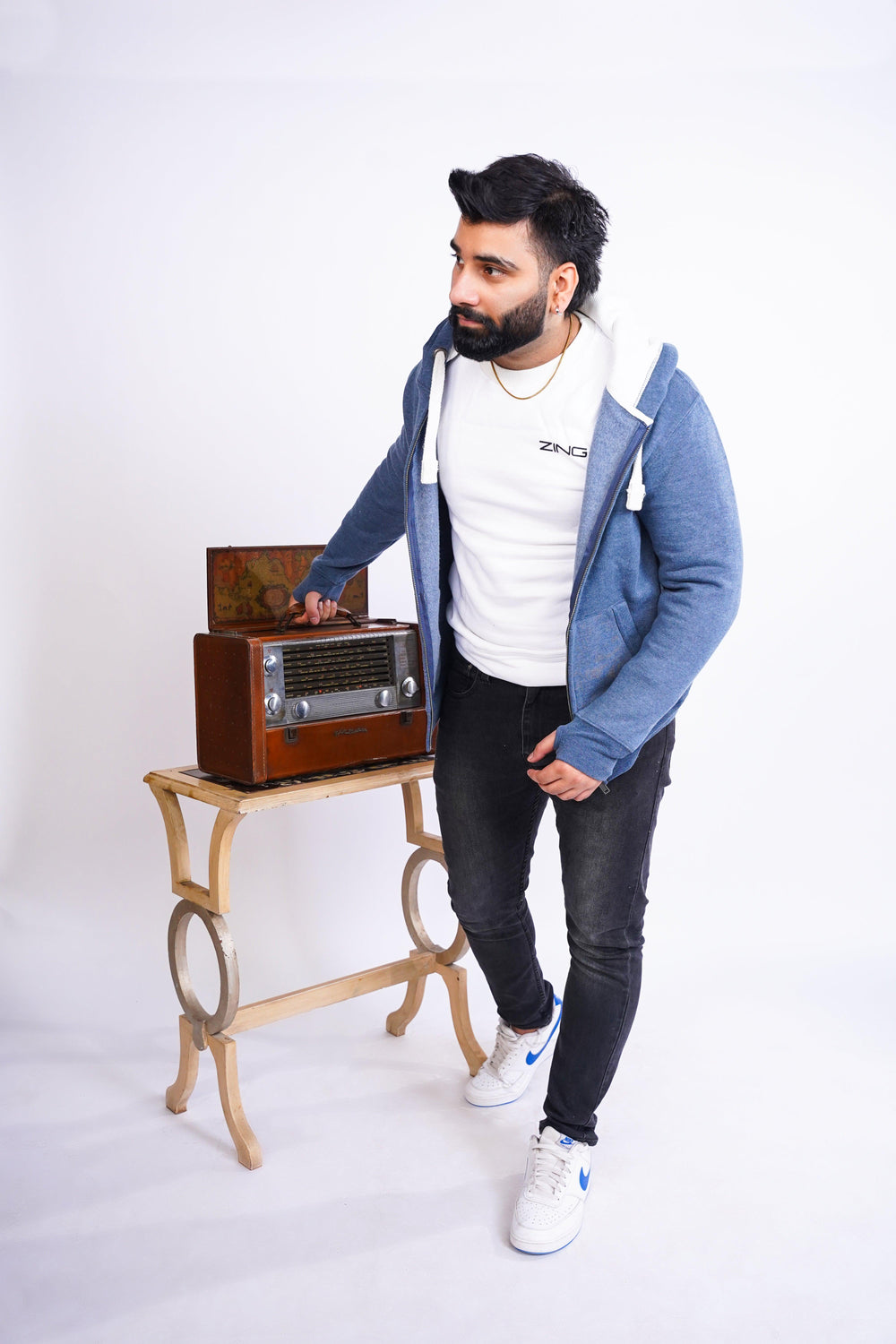 Premium fit Zip Hoodie - Blue Gray with White Rope - Zing Pakistan