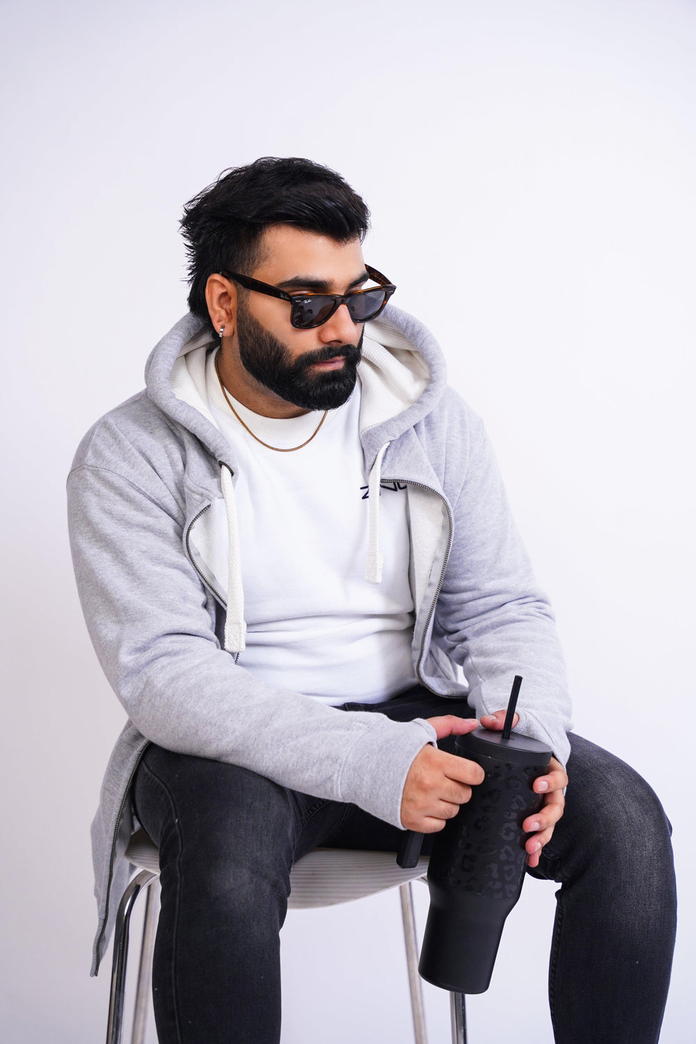 Premium Fit Zip Hoodie - Light Grey with white Rope - Zing Pakistan