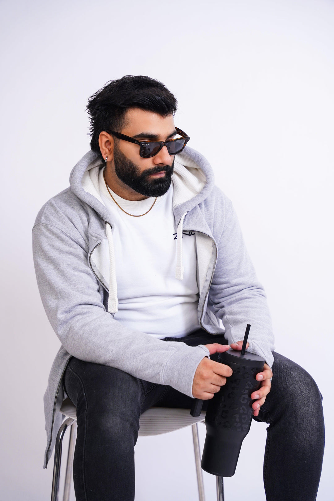 Premium Fit Zip Hoodie - Light Grey with white Rope - Zing Pakistan