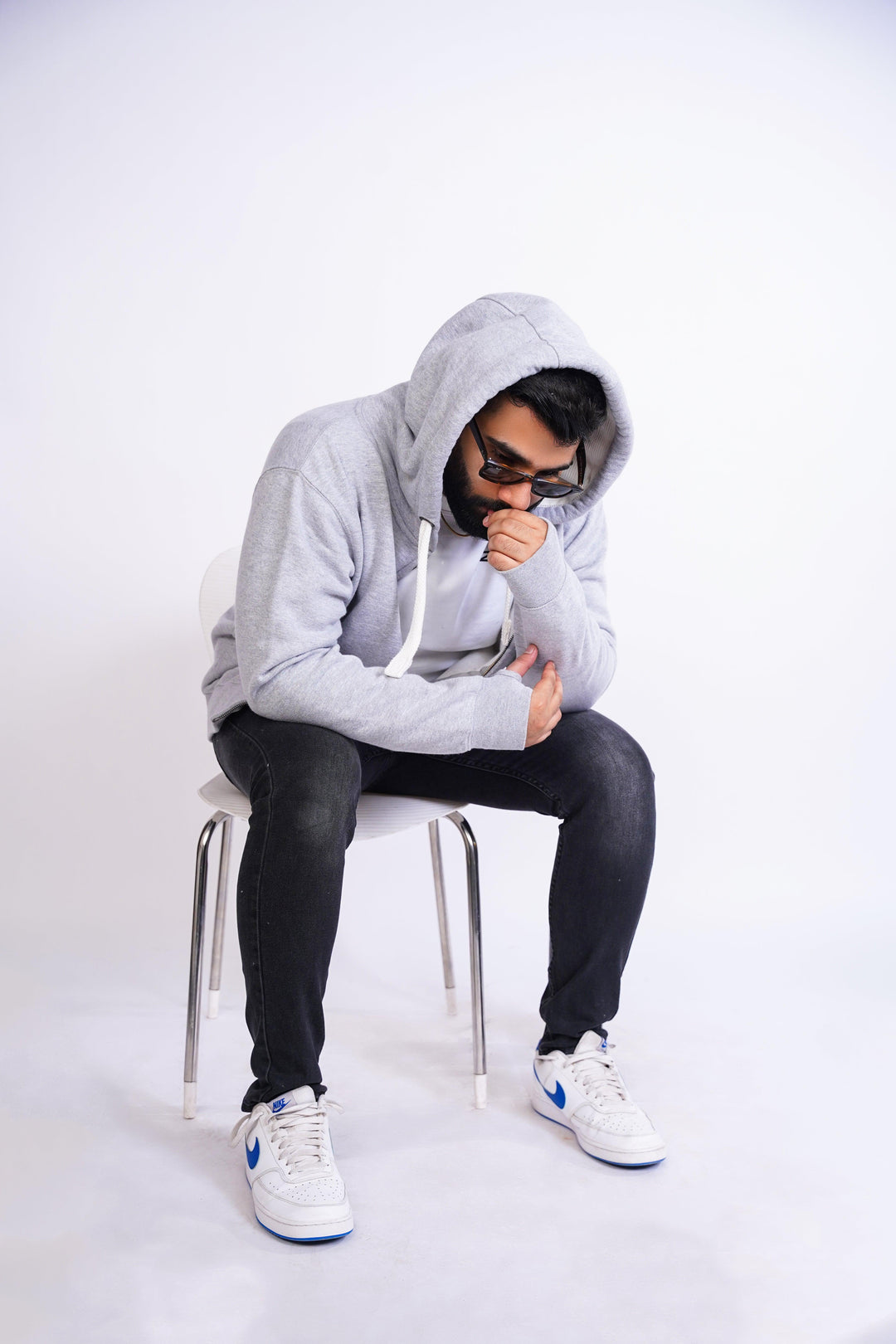 Premium Fit Zip Hoodie - Light Grey with white Rope - Zing Pakistan