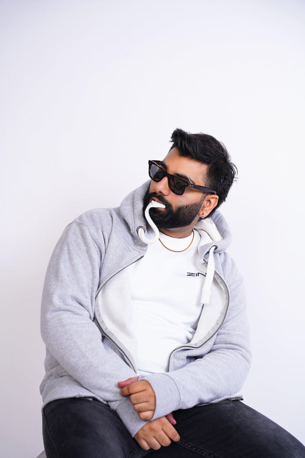 Premium Fit Zip Hoodie - Light Grey with white Rope - Zing Pakistan