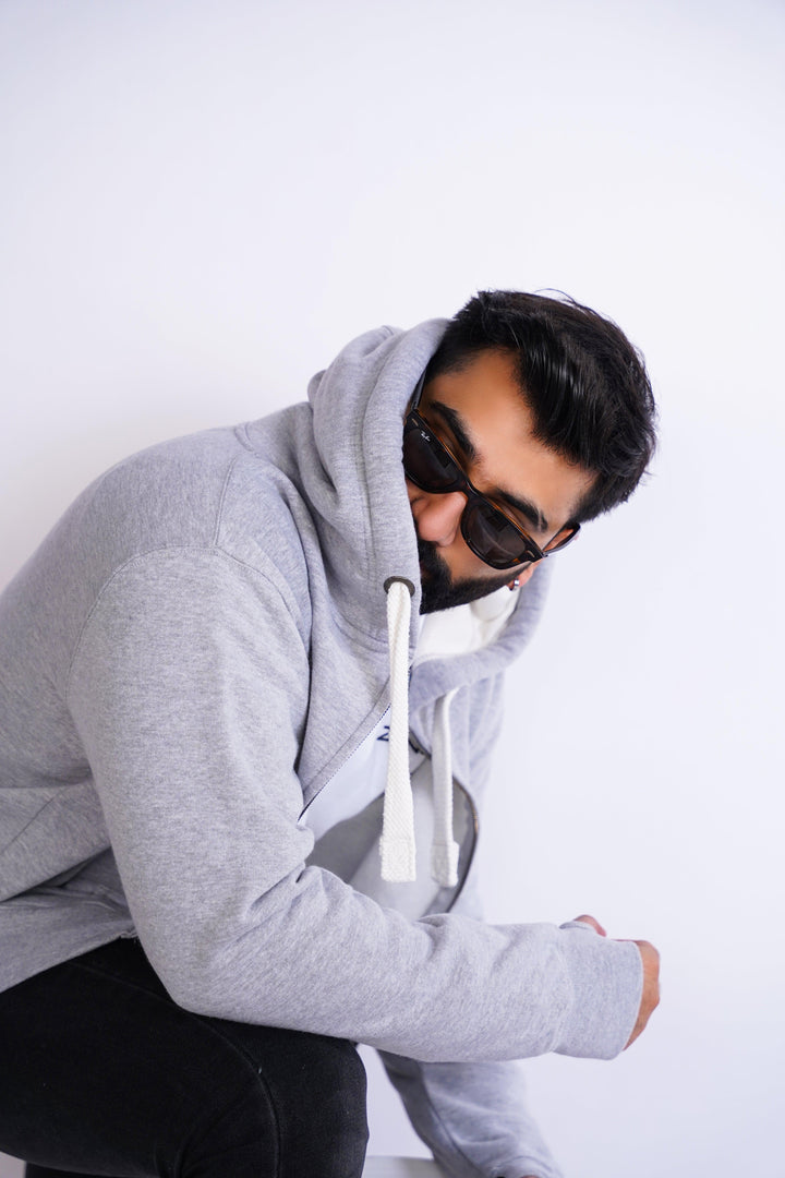 Premium Fit Zip Hoodie - Light Grey with white Rope - Zing Pakistan