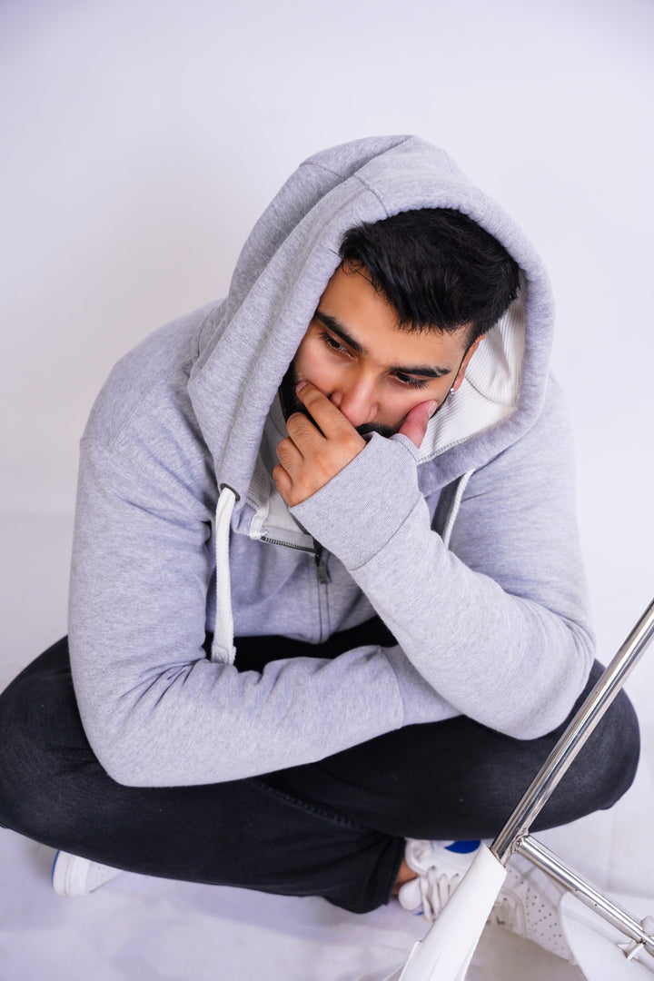 Premium Fit Zip Hoodie - Light Grey with white Rope - Zing Pakistan