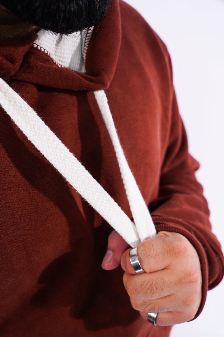 Premium Comfort Hoodie - Reddish brown with white Rope - Zing Pakistan