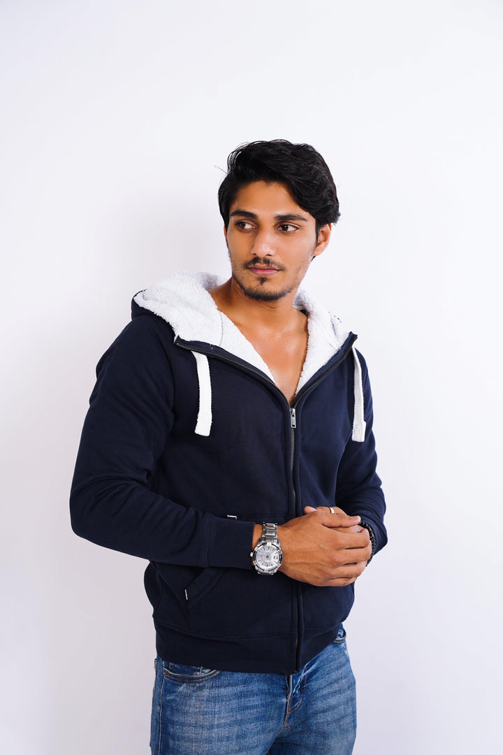 Premium fit zip Hoodie - Navy with White Rope - Zing Pakistan