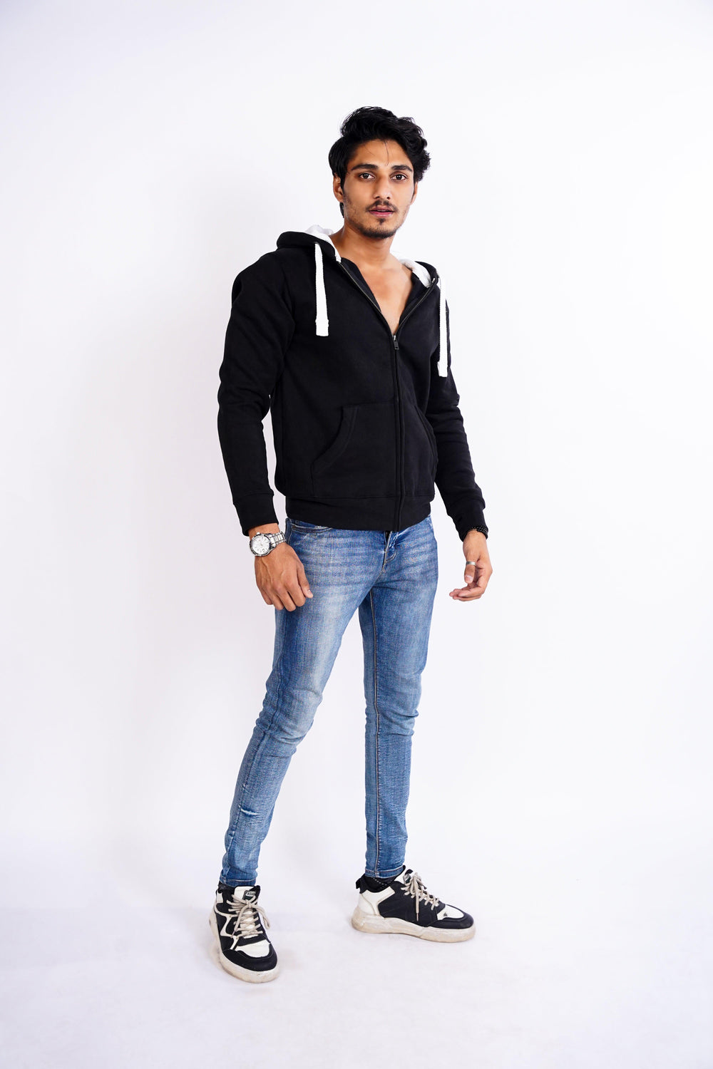 Premium fit zip Hoodie - Black with White Rope - Zing Pakistan