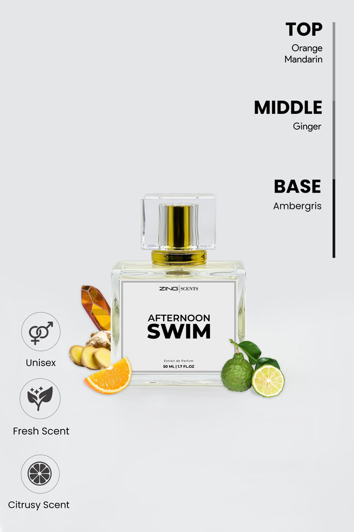 afternoon swim perfume bottle with perfume related symbols on bottom left corner