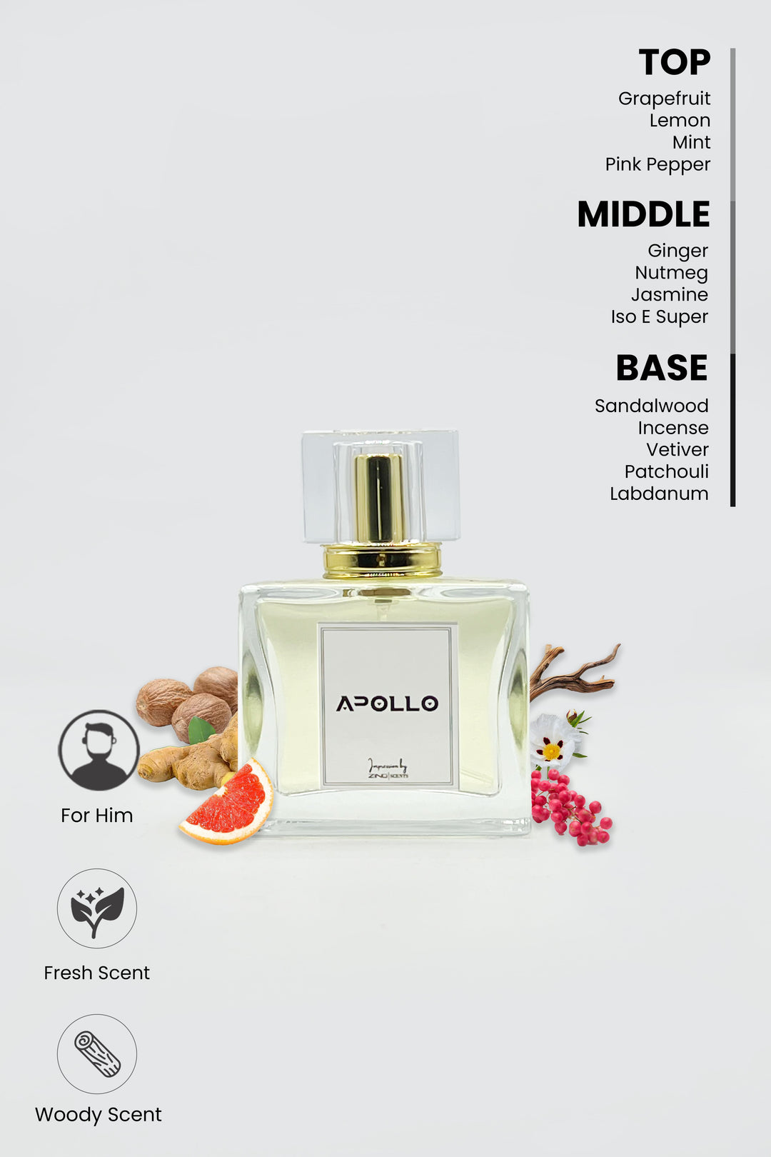 apollo perfume bottle with fragrance related symbols displayed on bottom left corner