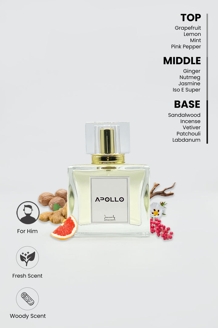 apollo perfume bottle with fragrance related symbols displayed on bottom left corner