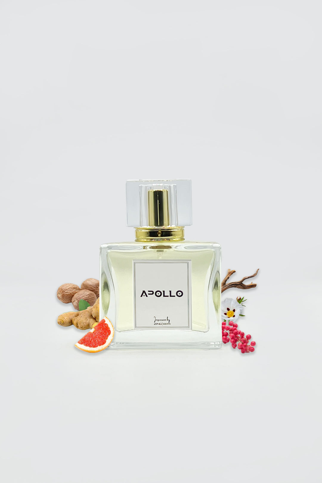 apollo perfume bottle with ginger, citrus, woods and other scent related ingredients