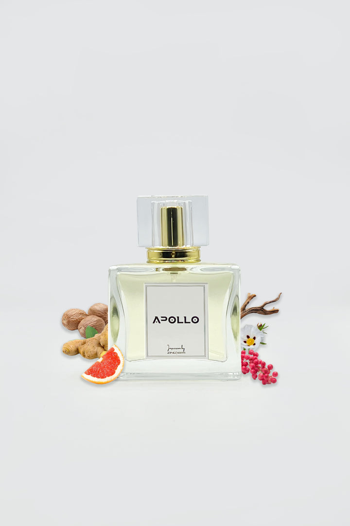apollo perfume bottle with ginger, citrus, woods and other scent related ingredients