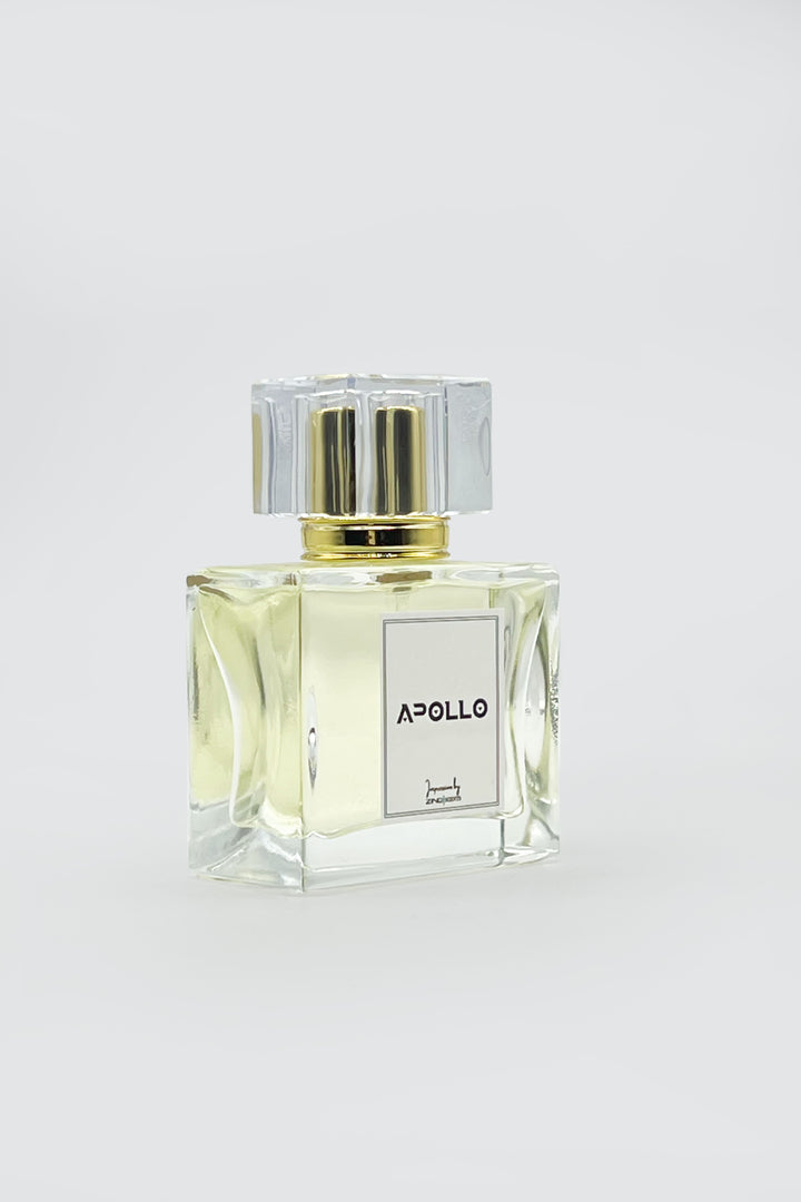 premium perfume bottle of apollo with golden sprayer displayed on grey background